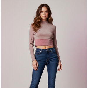 2/$30 NAKED WARDROBE Pink On The Glow Mock Neck Long Sleeve Sparkle Crop Top XL